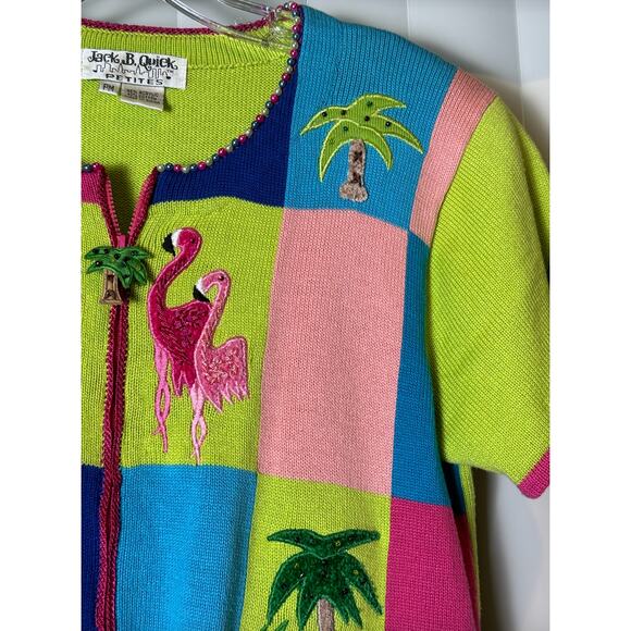 Vintage Jack B Quick Cardigan Sweater Flamingos & Palm Trees Short Sleeve ZipUp - Picture 4 of 16